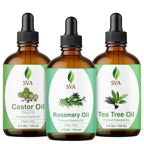 SVA Rosemary Essential Oil, Tea Tree Essential Oil and Castor Oil 4oz Bundle Super Saver Combo ? Premium Grade Value Set for Hair Oiling, Scalp Massage, Hair Care, Skin Care and Body Massage
