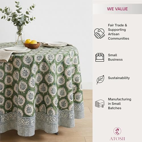 Kari Green Cotton Round Tablecloth 90 Inches - Handprinted French Provencal Decor