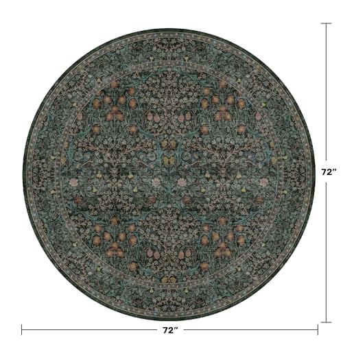 6ft Dark Green Round Vintage Floral Area Rug - Washable, Non-Slip, Pet Friendly
