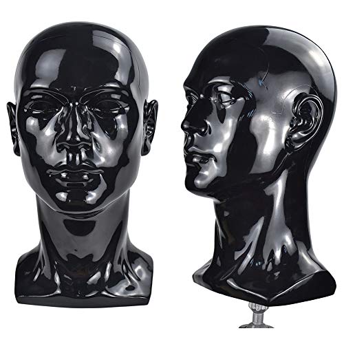PVC Bright Black Male Mannequin Head for Wigs Hats Display - Variation L30-Bright Black