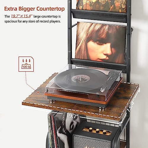 Record Player Stand with Vinyl Storage - Black & Brown, Holds Up to 200 Albums