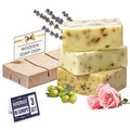 All Natural Set of Soap Bars, Rose, Lavender, Olive Oil with Wooden Soap Dish, Assortment of Natural Hand-Made Soaps, Made in Europe