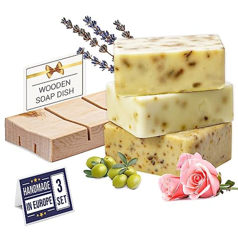 All Natural Set of Soap Bars, Rose, Lavender, Olive Oil with Wooden Soap Dish, Assortment of Natural Hand-Made Soaps, Made in Europe