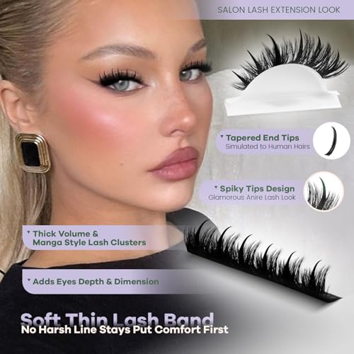 KEYYOU Manga Lash Clusters Kit StarrlNight 200D Wet Lash Look Anime Lash Clusters with Clusters Lash Glue 12-20mm Wispy Fairy Fluffy Individual Lashes Kit for Cosplay Daily Makeup DIY at Home