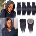 Brazilian Straight Hair Bundles with T Part Closure - 10 10 10 10+10 Inch, 4 Bundles Unprocessed Virgin Human Hair