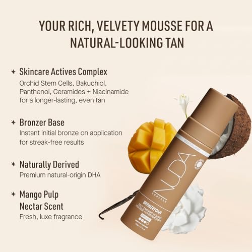 Nuda BronzeFoam Self Tanning Mousse | Lightweight, Fast-Drying & Streak-Free Sunless Tanner | Made with Niacinamide, Bakuchiol, Orchid Stem Cells, Panthenol & Ceramides | Easy to Apply (Dark, 190mL)
