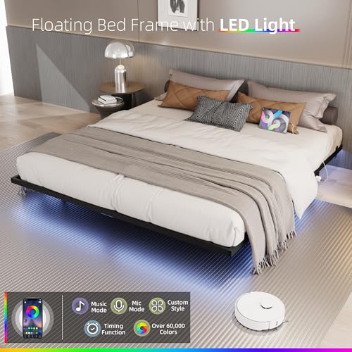 Black Full Size Floating Bed Frame with LED Lights & Charging Station