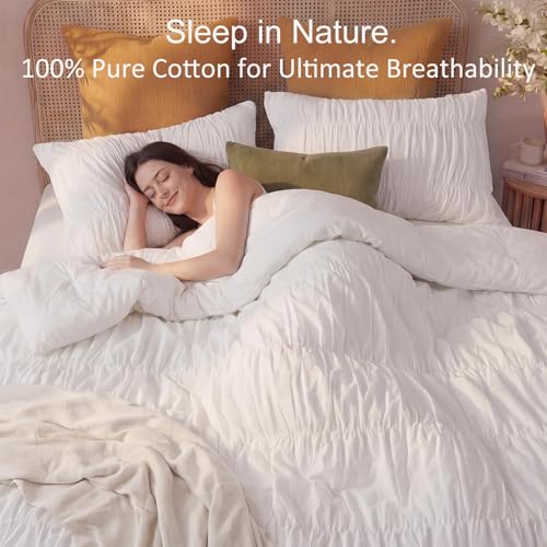 Queen Size Cotton Ruffled Comforter Set with Pleated Texture - White
