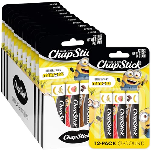 ChapStick Bulk Lip Balm Sets, Minions, 12 Banana Variety 3-Packs (36 Sticks Total), Party Favors for Kids, Stocking Stuffers, 0.15 Oz Each, Moisturizing, Hydrating