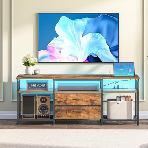 HOOBRO 55.1 Inch Rustic Brown Black TV Stand with Power Outlet and LED Light - Fits 65 Inch TVs