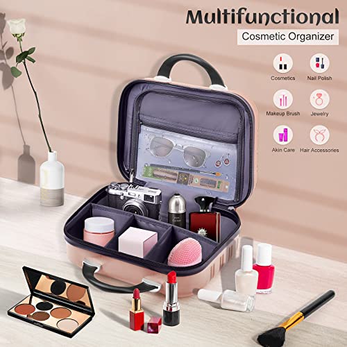 Pink 14-Inch Hard Shell Makeup Train Case Portable Cosmetic Suitcase