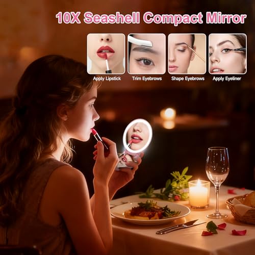 Compact Makeup Mirror with Lights - 3.5" Portable, 2-Sided, Lightweight & Shatterproof, Folding Magnifying Mirror 2X/10X, Small Gift for Women