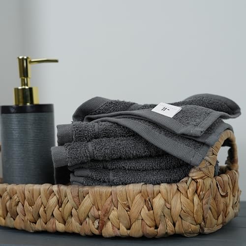 Tens Towels Pack of 24 Washcloths, 12 x 12 Inches, Lighter Weight, Quick to Dry, Super Soft & Absorbent, Gentle Face Towels, Hotel Quality, Perfect for Bathroom, Gym, Spa (Dark Grey, 24 Pack)