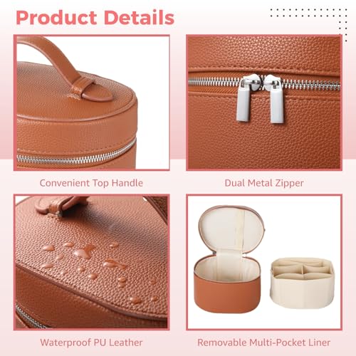 OMISTAR Brown Large Capacity Makeup Vanity Bag with Removable Organizer – Waterproof PU Leather Travel Cosmetic Case