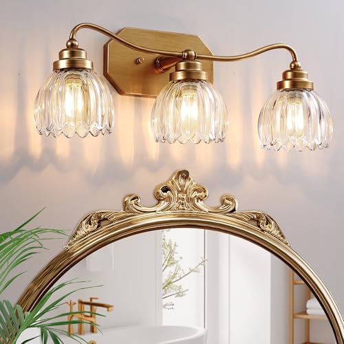 Brushed Gold 3-Light Vintage Vanity Lights with Clear Glass Shades - Antique Brass Finish