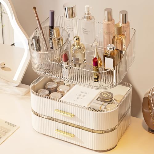 Makeup Organizer with 360 Rotating Brush Holder and Stackable Drawers, Cosmetic Display Case for Vanity, Bathroom Countertop (White, 3 Layer)