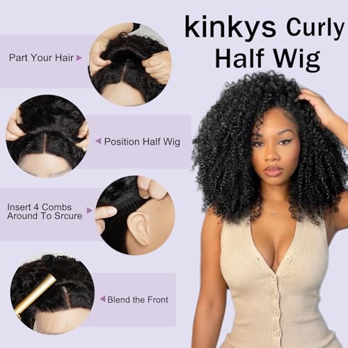 Natural Color 16 Inch Human Hair Kinky Curly Half Wig - 200% Density, Glueless, Volume
