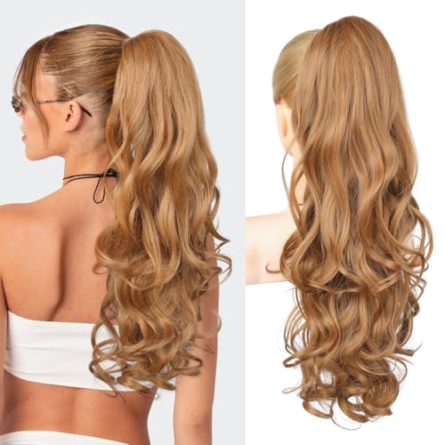 REECHO 24 Inch Curly Wavy Ponytail Extension - Strawberry Blonde Clip-In Hairpiece for Women