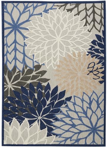 Outdoor Indoor Floral Area Rug 6x9 Blue Multicolor Non-Shedding Textured