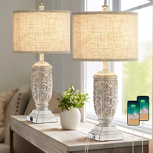 Fullarge 27.5-inch Cream/Oatmeal Farmhouse Table Lamps Set of 2 with USB Ports