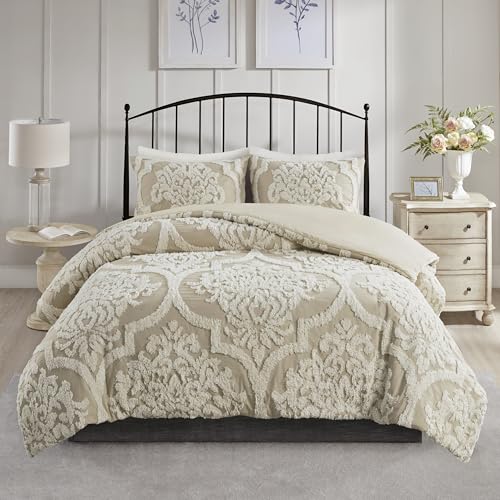 Madison Park Viola King Duvet Cover Set in Taupe - Tufted Cotton Damask Bedding