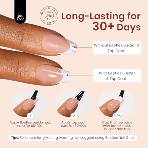 Beetles French Tip Press on Nails Long Square, 15 Sizes Soft Gel Nail Tips Jelly Brown 7 Styles Pre-Designed 4 in 1 Fake Nails Natural Look False Nail Tips for Nail Extensions Nail Art Gifts for Girls
