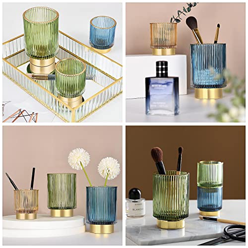 DASITON Makeup Brush holder Organizer, Crystal Cosmetic Makeup Brush Glass Brushes Storage Holder, Vintage Make Up Brush Cup Pen Pencil Holder striped vase(Green S+L)