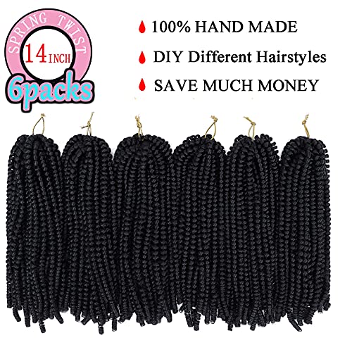 Spring Twist Braiding Hair 14 Inch Black 1B - Pack of 6, Natural Look