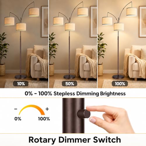 Dimmable Arc Floor Lamp with Beige Linen Shade - 3 Lights Tall Standing Lamp for Living Room Bedroom Office - Brown Beiged Variation