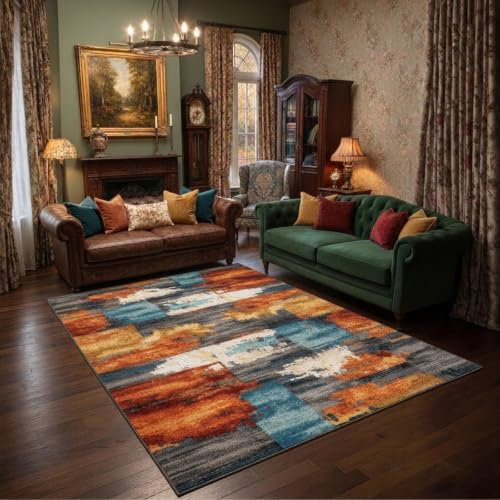 Burnt Orange and Teal Abstract Brushstroke Area Rug - 5' x 7' Rectangular, Low Pile, Non-Slip Backing
