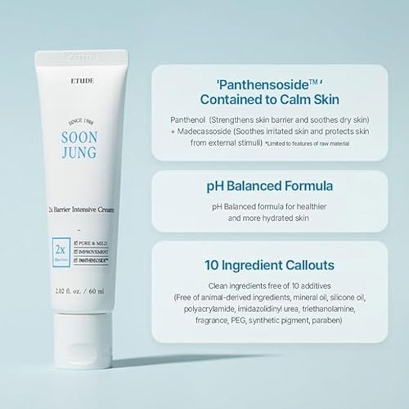 ETUDE SoonJung 2x Intensive Cream for Barrier Repair, Rich Moist, Madecassoside & Panthenol for Soothing, Face Moisturizer for Sensitive Skin, pH Balanced, Hypoallergenic, Korean Skin Care,2.02 Fl Oz