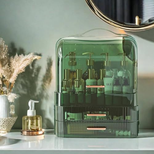 Green Portable Makeup Organizer Box with Drawers & Transparent Lid