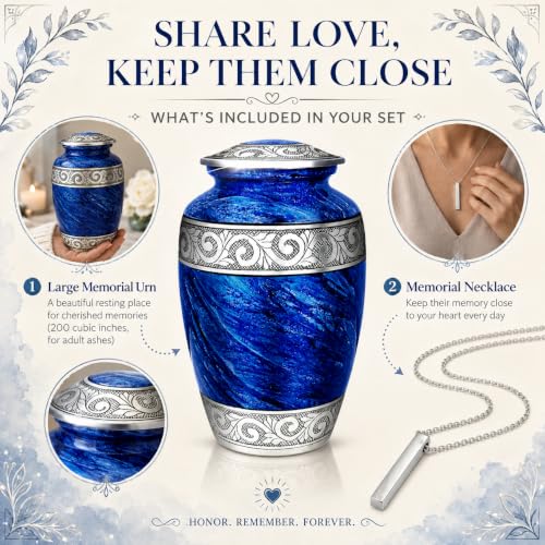 Eternal Blue Cremation Urn Set for Human Ashes - Adult Male & Female with Necklace & Velvet Bag - Variation of THIS listing
