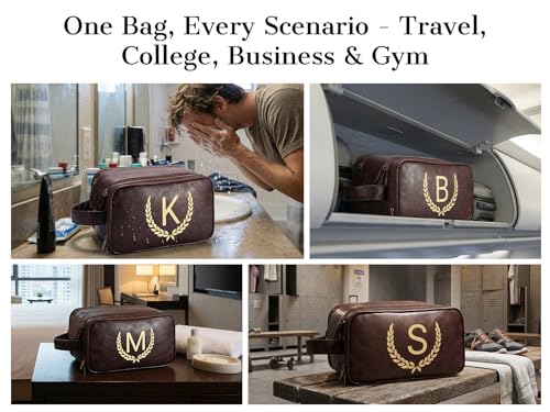 Personalized Men's Toiletry Bag - Custom PU Leather Waterproof Travel Kit with Initial - Tea Brown, Small (S)