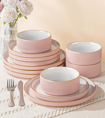 GBHOME Stoneware Dinnerware Set for 4 - 12 Pieces Pink Ribbed Plates & Bowls