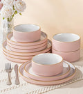 GBHOME Stoneware Dinnerware Set for 4 - 12 Pieces Pink Ribbed Plates & Bowls