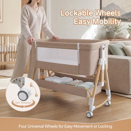 Baby Bassinet 3-in-1 Bedside Sleeper with Adjustable Height & Mesh, Khaki