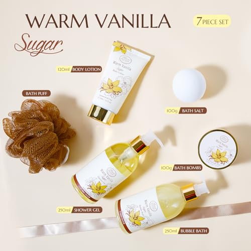 Bath & Body Gift Set, Warm Vanilla Sugar — 7pcs Gift Basket for Women (AriosoMonde)