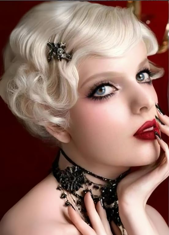 Dai Cloud Short Blonde Finger Wave Wig for Women - 1920s Curly Synthetic Heat-Resistant, Side Part, Rose Mesh Cap