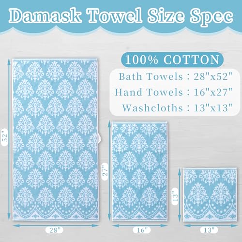 Cotton Wash Cloths Set - 6 Pieces 13x13 Inches Quick Dry Soft Absorbent Damask Pattern Aqua & White