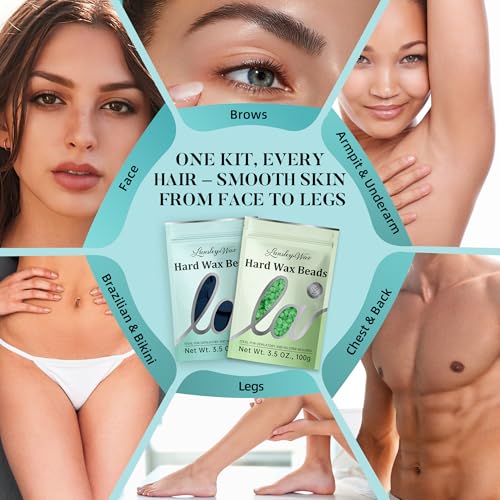 Basic Waxing Kit for Women & Men - 4 Pack Blue Green Wax Pot & Heater - Rapid Heat Up, Sensitive Skin Safe