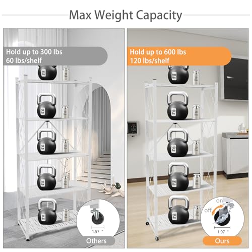 White 5-Tier Folding Storage Shelf with Wheels - No Assembly, Heavy Duty Steel