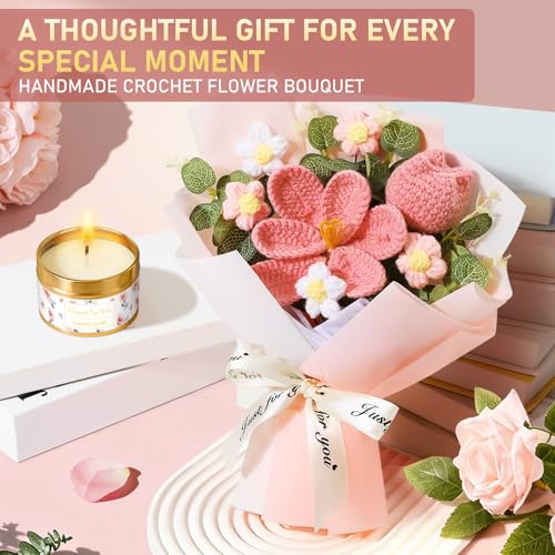 Pink Self Care Gift Basket for Women - Spa Set with Crochet Flower Bouquet, Tumbler & More