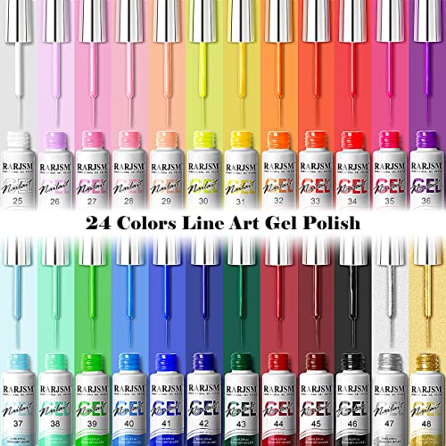 RARJSM Nail Art Gel Liner 24 Color Line Art Painted Gel Nail Polish Set Pink Blue Green Silver Gold Glitter for Nails Painting Drawing Soak Off U V L E D Curing Requires Bulid in Thin Nailart Brush