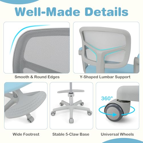 Kids Desk Chair with Adjustable Height Armrest & Footrest - Blue