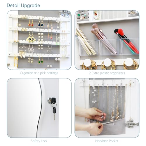 Whitebeach 42.5x17.3in LED Jewelry Armoire Cabinet Wall/Door Mount, Lockable Mirror Organizer