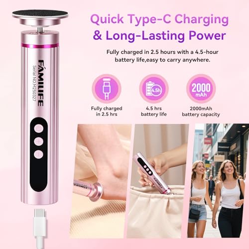 FAMILIFE Electric Foot File Callus Remover ? Rechargeable Pedicure Tool with Display Screen, Replaceable Sandpaper Discs, Forward & Reverse Rotation, for Men and Women