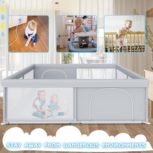 Large Baby Playpen 79x79 Inch - Grey, Safe Toddler Play Area