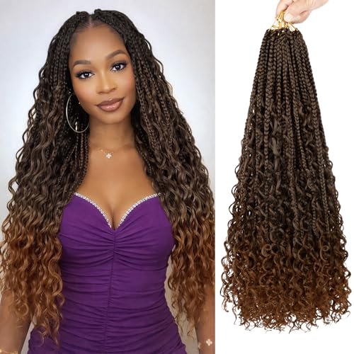 Boho Box Braids Crochet Hair 24 Inch with Curly Ends - Pre Looped Synthetic Hair - 1B/30 - Pack of 8