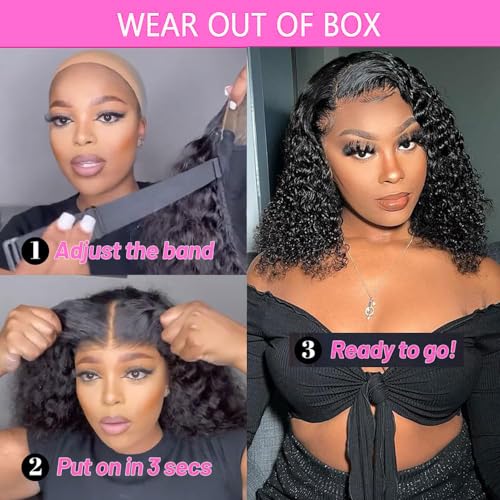Glueless Human Hair Curly Bob Wig 8 Inch Pre Plucked Deep Wave Natural Black